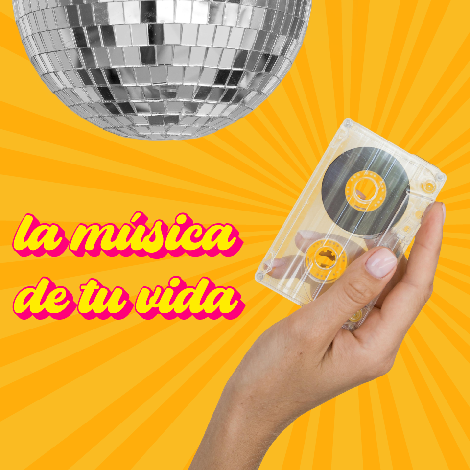 Logotipo de Bola de Espejo, casete con la frase La msica de tu vida